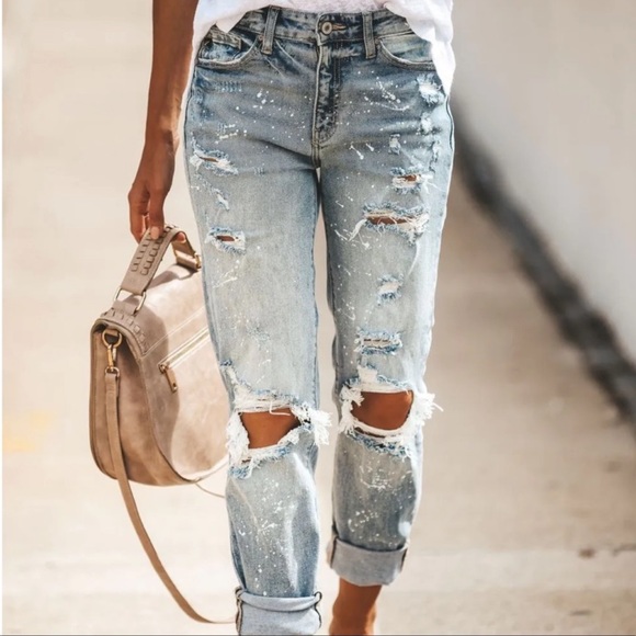 Denim - Brand New Distressed Denim Jeans Paint Splatter Relaxed Fit Boyfriend